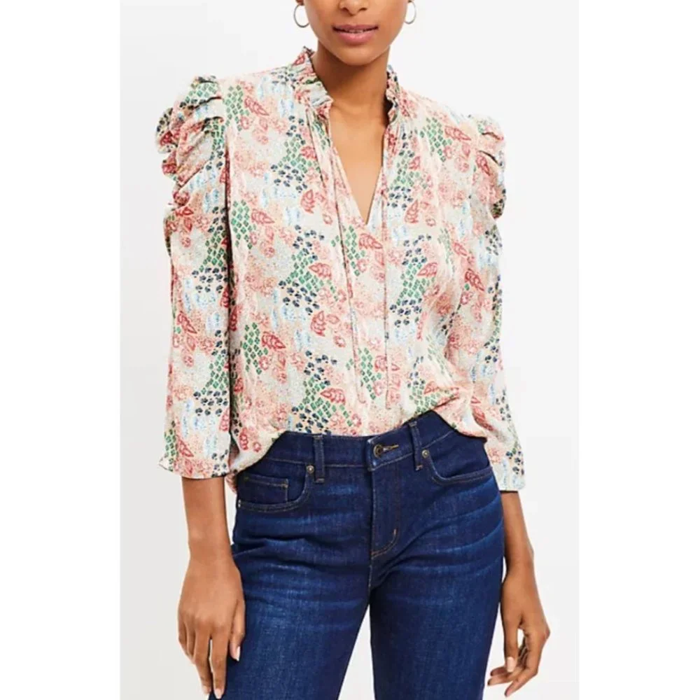 LOFT WOMEN Garden Cinched Sleeve Ruffle Tie Neck Mixed Media Top M